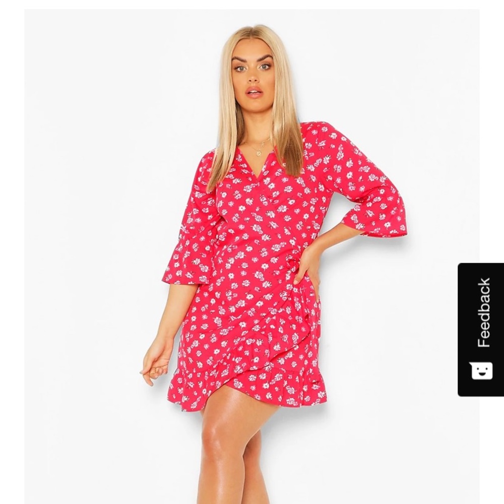 Red floral wrap dress